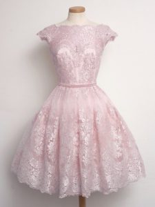 Flare Knee Length Baby Pink Dama Dress for Quinceanera Lace Cap Sleeves Lace