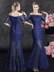 Clearance Mermaid Off the Shoulder Navy Blue Half Sleeves Lace Lace Up Mother Of The Bride Dress for Prom and Party