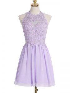Lavender Chiffon Lace Up Halter Top Sleeveless Knee Length Bridesmaid Dress Lace
