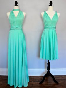 Sumptuous Empire Bridesmaids Dress Turquoise V-neck Chiffon Sleeveless Floor Length Lace Up