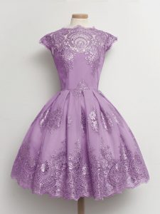 Decent Tulle Scalloped Cap Sleeves Lace Up Lace Quinceanera Court of Honor Dress in Lavender