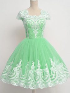 Apple Green Tulle Zipper Square Cap Sleeves Knee Length Court Dresses for Sweet 16 Lace