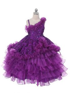 Asymmetric Sleeveless Lace Up Child Pageant Dress Purple Organza