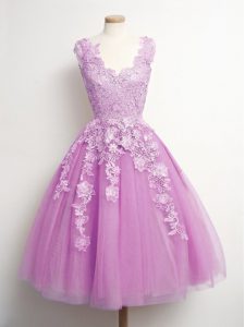Excellent Lilac A-line V-neck Sleeveless Tulle Knee Length Lace Up Appliques Wedding Guest Dresses