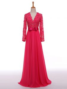 Fancy Chiffon Long Sleeves Floor Length Mother Of The Bride Dress and Lace and Appliques and Belt