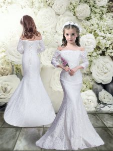 Best Selling White Flower Girl Dresses Wedding Party with Lace Off The Shoulder 3 4 Length Sleeve Lace Up