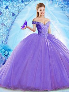 Lavender Off The Shoulder Lace Up Beading Quinceanera Dress Brush Train Sleeveless