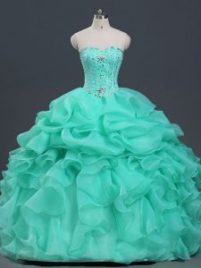 Apple Green Ball Gowns Organza Sweetheart Sleeveless Beading and Ruffles and Pick Ups Floor Length Lace Up Quinceanera G