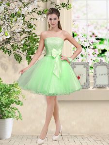 Great A-line Organza Off The Shoulder Sleeveless Lace and Belt Knee Length Lace Up Wedding Party Dress