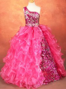 Hot Pink Lace Up Little Girls Pageant Gowns Beading and Ruffles and Sequins Sleeveless Floor Length
