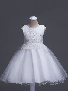 Knee Length Zipper Flower Girl Dress White for Wedding Party with Lace