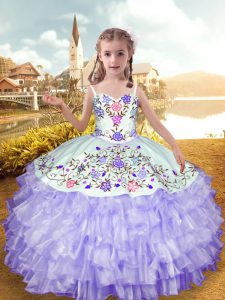 Lavender Ball Gowns Organza and Taffeta Straps Sleeveless Embroidery and Ruffled Layers Floor Length Lace Up Little Girl
