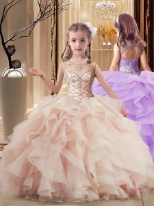 Best Peach Sleeveless Brush Train Beading and Ruffles Little Girl Pageant Dress