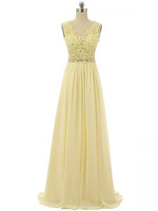 Pretty Floor Length Zipper Prom Dress Light Yellow for Prom and Party with Beading and Lace and Appliques