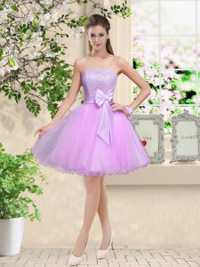 Fantastic A-line Damas Dress Lilac Off The Shoulder Organza Sleeveless Knee Length Lace Up