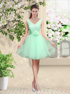 Apple Green Sleeveless Knee Length Lace and Belt Lace Up Wedding Party Dress