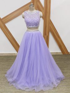 Lavender Sleeveless Beading Floor Length Party Dresses