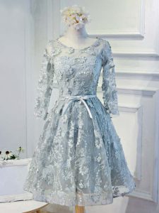 Grey A-line Lace and Appliques and Belt Evening Dress Lace Up Organza Long Sleeves Knee Length
