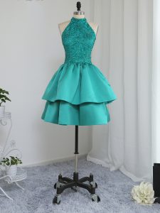 Custom Design High-neck Sleeveless Homecoming Dress Mini Length Lace and Appliques Turquoise Satin
