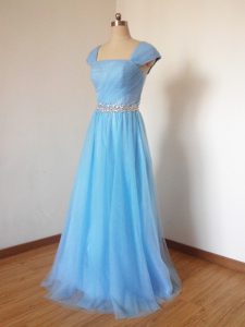 Pretty Cap Sleeves Floor Length Beading Zipper Court Dresses for Sweet 16 with Baby Blue