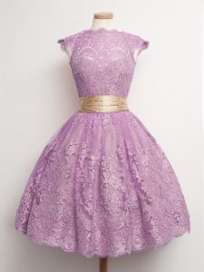 Admirable Lilac Ball Gowns High-neck Cap Sleeves Lace Knee Length Lace Up Belt Wedding Party Dress