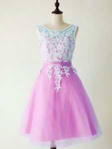 Lilac A-line Lace Quinceanera Court of Honor Dress Lace Up Tulle Sleeveless Knee Length