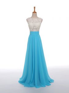 Most Popular Sleeveless Chiffon Floor Length Side Zipper Going Out Dresses in Baby Blue with Lace and Appliques