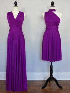 Purple Sleeveless Floor Length Beading and Ruching Lace Up Quinceanera Court of Honor Dress