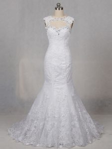 White Sleeveless Beading and Lace Backless Wedding Gowns
