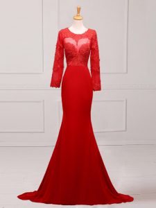 Zipper Mother Of The Bride Dress Red for Prom and Military Ball and Sweet 16 with Lace and Appliques Brush Train