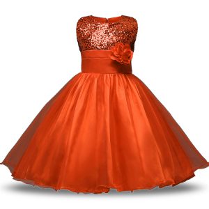 Knee Length Orange Red Toddler Flower Girl Dress Organza and Sequined Sleeveless Bowknot and Belt and Hand Made Flower