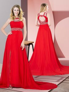 New Style Red Backless Teens Party Dress Beading Sleeveless Brush Train