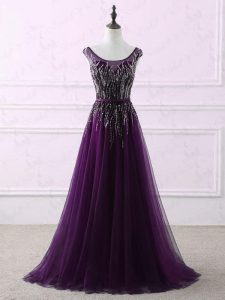 Dynamic Eggplant Purple Tulle Zipper Scoop Sleeveless Homecoming Dress Sweep Train Appliques and Embroidery