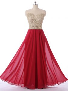Red Empire Scoop Sleeveless Chiffon Floor Length Zipper Beading Dress for Prom