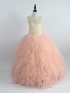 Fantastic Peach Ball Gowns Scoop Sleeveless Tulle Floor Length Zipper Appliques and Ruffles Girls Pageant Dresses
