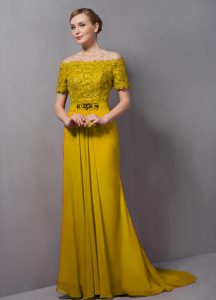 Discount Yellow Empire Chiffon Off The Shoulder Short Sleeves Lace Zipper Mother Of The Bride Dress Sweep Train
