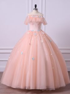 Nice Peach 15 Quinceanera Dress Military Ball and Sweet 16 and Quinceanera with Lace and Appliques Off The Shoulder Shor