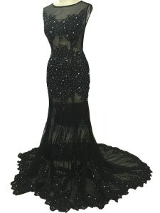 Black Mermaid Tulle Scoop Sleeveless Beading and Lace and Appliques Side Zipper Mother Of The Bride Dress Brush Train