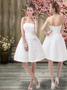 Fantastic White Fabric With Rolling Flowers Zipper Off The Shoulder Sleeveless Knee Length Wedding Dress Belt