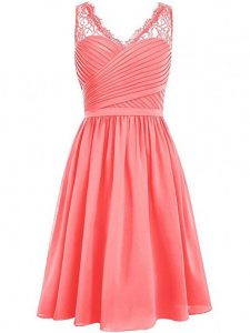 Ideal Knee Length Watermelon Red Bridesmaid Dress Chiffon Sleeveless Lace and Ruching