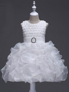 Sleeveless Lace Up Knee Length Ruffles and Belt Girls Pageant Dresses