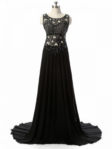 Ideal Sleeveless Beading and Lace and Appliques Side Zipper Evening Dresses with Black Brush Train