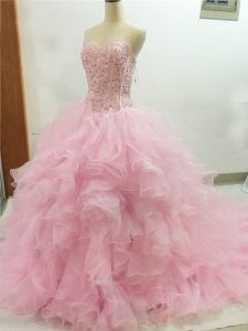 Fashion Sleeveless Brush Train Lace Up Beading and Ruffles Quinceanera Gowns