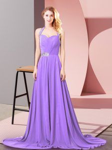 Lavender Empire Halter Top Sleeveless Chiffon Brush Train Zipper Beading and Ruching Homecoming Party Dress