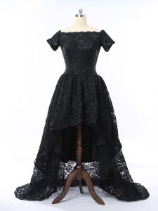 High Low A-line Short Sleeves Black Prom Party Dress Zipper
