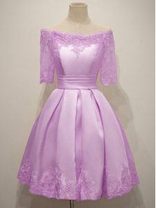 Fantastic Half Sleeves Knee Length Lace Lace Up Bridesmaid Gown with Lilac