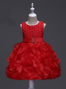 Red Ball Gowns Ruffles and Belt Kids Formal Wear Lace Up Organza Sleeveless Knee Length