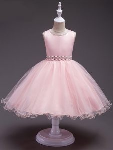 Baby Pink Sleeveless Knee Length Beading Zipper Flower Girl Dresses