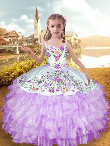 Perfect Lilac Ball Gowns Straps Sleeveless Organza and Taffeta Floor Length Lace Up Embroidery and Ruffled Layers Little