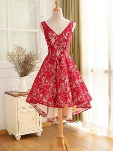 Free and Easy Red Backless V-neck Lace and Appliques Homecoming Dress Lace Sleeveless